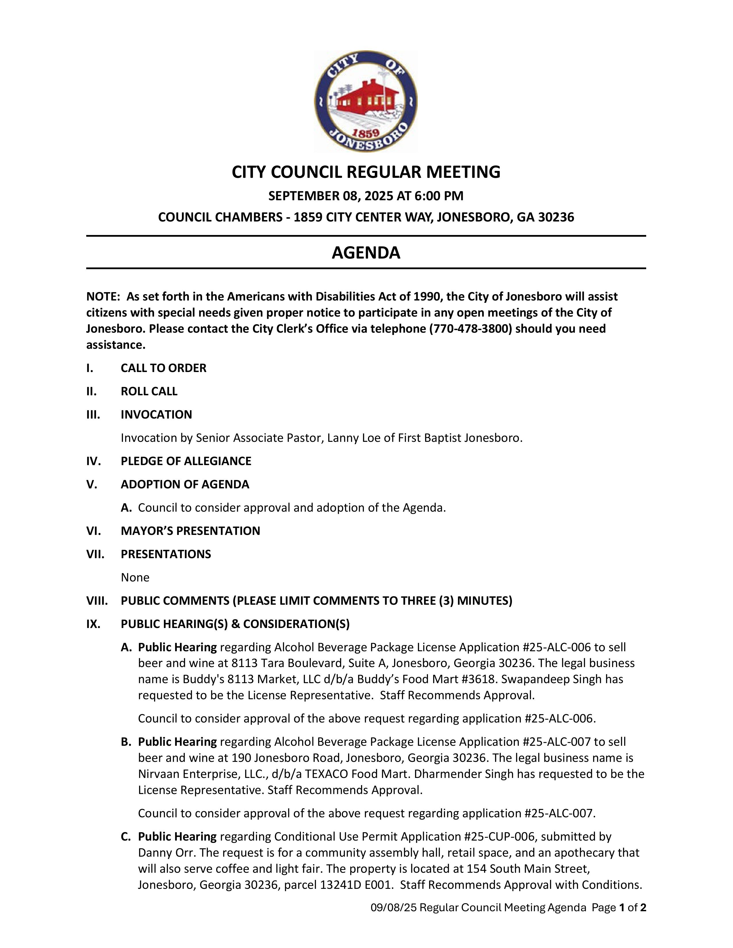 09-08-25 CITY COUNCIL REGULAR SESSION AGENDA